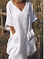abordables vestidos de algodón y lino de diseño-Mujer Vestido blanco Vestido de lino Vestido de Camisa Vestido Midi Bolsillo Básico Diario Escote en Pico Media Manga Verano Primavera Negro Blanco Plano