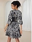 cheap Print Dresses-Neva Black &amp; White Spotted Print Bubble Satin Stand Collar Flared Sleeve Tie Knot Mini Dress