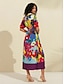 cheap Print Casual Dress-Satin Rainbow Floral Print Belted Midi Shirt Dress