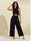 abordables Jumpsuits-Combinaison taille licou en mousseline noire pour femme (ceinture incluse)