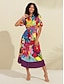 voordelige casual jurkje met print-Midi-overhemdjurk met satijnen regenboogbloemenprint en riem