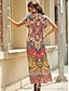 olcso Mintás ruhák-Női A vonalú ruha Virágos Törzsi Hasított Nyomtatott V-alakú Maxi hosszú ruha Szüret Etno Napi Vakáció Rövid ujjú Nyár Tavasz
