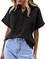 baratos Blusas e Camisas de mulher-Mulheres Camisa Social Blusa Lençóis de algodão Tecido Botão Bolsos Diário Casual Manga Curta Colarinho de Camisa Preto Verão