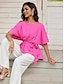 cheap Women&#039;s Blouses &amp; Shirts-Women&#039;s Blouse Plain Tie Front Asymmetric Hem Work Daily Vacation Batwing Sleeve Short Sleeve Crew Neck Pink Summer