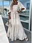 cheap Plain Dresses-Women&#039;s White Dress Maxi Dress Lace Patchwork Date Vacation Streetwear Maxi Square Neck 3/4 Length Sleeve White Pink Purple Color
