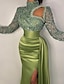 preiswerte Abendkleider-Trompete / Meerjungfrau Abendkleider Elegant Kleid Formal Pinsel Schleppe Langarm Stehkragen Satin mit Perlen Verzierung Paillette 2024