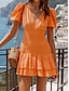 preiswerte schlichte Kleider-Damen Casual kleid Minikleid Rüsche Verabredung Urlaub Strassenmode Brautkleider schlicht V Ausschnitt Kurzarm Puffärmel Schwarz Orange Grün Farbe