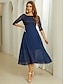Χαμηλού Κόστους απλά φορέματα-Γυναικεία Φόρεμα σε γραμμή Α Μακρύ φόρεμα Σιφόν Δαντέλα Γιόκ Πάρτι Κομψό Επίσημο Χαμόγελο Μισό μανίκι Σκούρο μπλε Χρώμα
