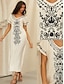 baratos vestidos lisos vintage-Mulheres Bordado Vestido antigo Vestido Longo Vestido Maxi Floral Decote V Manga Curta Verão Primavera Branco