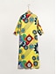 abordables robe décontractée imprimée-Femme Robe ample Robe mi-longue Jaune Demi Manches Folk Imprimer Printemps été Col de Chemise Décontractées vacances à la plage XS S M