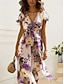 olcso Mintás ruhák-Női Sifon A vonalú ruha Virágos nyakkendő elöl Fodrozott V-alakú Flounce Sleeve Midi ruha Elegáns Alkalmi Esküvő Vakáció Ujjatlan Nyár
