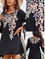 preiswerte Ausgefallene Kleider-Damen Bestickt schwarzes kleid Minikleid Baumwolle Klassisch Boho Blumen Rundhalsausschnitt Langarm Täglich Sommer Frühling Schwarz