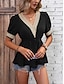 billiga T-shirts för damer-Dam Tunika Slät Spets Dagligen Semester Mode Kortärmad V-hals Svart Sommar