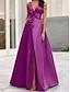 cheap Evening Dresses-A-Line Evening Gown High Split Dress Formal Masquerade Floor Length Sleeveless V Neck Belt / Sash Satin with Bow(s) Slit 2024