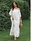 זול שמלות פשוטות-בגדי ריקוד נשים שמלה לבנה שמלת מקסי תחרה חלול חיצוני אלגנטית יום יומי סירה מתחת לכתפיים לבן צבע