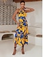 cheap Print Casual Dress-Satin Belted Floral High Neck Midi Dress