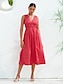 economico vestito casual-Abito midi con scollo a V e scollo a V in cotone da donna con tocco di carta, abito rosso rosa
