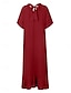 billige ensfargede kjoler-Dame Uformell kjole Midikjole Lomme Feriereise Grunnleggende Fritid V-hals Kortermet Svart Vin Blå Farge