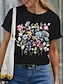 billige T-shirts til kvinde-Dame T-shirt Blomstret Trykt mønster Ferierejse Weekend Mode Kortærmet Rund hals Sort Sommer