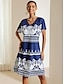 Χαμηλού Κόστους Print Φορέματα-Γυναικεία Φόρεμα ριχτό Φλοράλ Στάμπα Λαιμόκοψη V Μίντι φόρεμα Κομψό Βίντατζ Διακοπές Κοντομάνικο Καλοκαίρι
