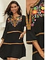 olcso szüreti sima ruhák-Női Hímzett Fekete ruha Mini ruha Virágos Vágott nyak Háromnegyedes Nyár Tavasz Fekete