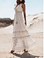 Недорогие простые платья-Жен. Белое платье длинное платье платье макси Кружева С кисточками с рукавом Свадьба Свидание Отпуск Богемия V-образный вырез Без рукавов Белый Абрикосовый Цвет