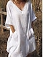 cheap Design Cotton &amp; Linen Dresses-Women&#039;s White Dress Linen Dress Shirt Dress Midi Dress Pocket Basic Daily V Neck Half Sleeve Summer Spring Black White Plain