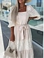 cheap Plain Dresses-Women&#039;s White Dress Maxi Dress Lace Patchwork Date Vacation Streetwear Maxi Square Neck 3/4 Length Sleeve White Pink Purple Color