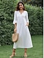 cheap Plain Dresses-Women&#039;s White Dress Midi Dress Ruched Pleated Elegant V Neck Half Sleeve White Color