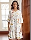 Χαμηλού Κόστους Print Φορέματα-Γυναικεία Φλοράλ Με Βολάν Στάμπα Λαιμόκοψη V Μίντι φόρεμα 3/4 Μήκος Μανικιού Καλοκαίρι Άνοιξη