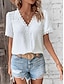 baratos Blusas e Camisas de mulher-Mulheres Camisa Social Blusa Tecido Renda Diário Casual Manga Curta Decote V Branco Verão