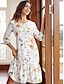 cheap Print Dresses-Women&#039;s Floral Ruffle Print V Neck Midi Dress 3/4 Length Sleeve Summer Spring