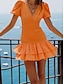 cheap Plain Dresses-Women&#039;s Casual Dress Mini Dress Ruffle Date Vacation Streetwear Casual V Neck Short Sleeve Puff Sleeve Black Orange Green Color