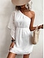 זול שמלות פשוטות-בגדי ריקוד נשים שמלה לבנה שמלת מיני שיפון תחרה טלאים פגישה (דייט) חופשה סגנון רחוב בסיסי כתפיה אחת שרוול 4\3 שחור לבן צבע