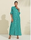 abordables robe décontractée imprimée-Femme Robe chemise Robe imprimée Robe Maxi Bleu Vert Motif Léopard Retrousser les manches Strass Eté Col de Chemise Imprimé léopard S M L