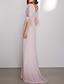 cheap Evening Dresses-Column Evening Gown Elegant  Pink Wedding Guest Dress Formal Floor Length 3/4 Length Sleeve Jewel Neck Stretch Crepe with Feather 2024
