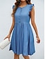 Χαμηλού Κόστους απλά φορέματα-Γυναικεία Καθημερινό φόρεμα Μίνι φόρεμα Με Βολάν Κουμπί Καθημερινό Στρογγυλή Ψηλή Λαιμόκοψη Αμάνικο Θαλασσί Χρώμα