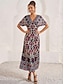 cheap Print Dresses-Women&#039;s Satin Shift Dress Ditsy Floral Print V Neck Maxi Dress Boho Vacation Short Sleeve Summer