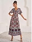 cheap Print Dresses-Women&#039;s Satin Shift Dress Ditsy Floral Print V Neck Maxi Dress Boho Vacation Short Sleeve Summer