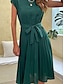 cheap Plain Dresses-Women&#039;s Midi Dress Cap Sleeve Pleated A-line Self-tie Belt Crew Neck Solid Color Elegant Green Lightweight Breathable Summer Casual Office Semi-Formal Regular Fit Clothing Apparel