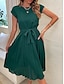 cheap Plain Dresses-Women&#039;s Midi Dress Cap Sleeve Pleated A-line Self-tie Belt Crew Neck Solid Color Elegant Green Lightweight Breathable Summer Casual Office Semi-Formal Regular Fit Clothing Apparel