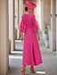 cheap Tea Length-A-Line Mother of the Bride Dress Wedding Guest Elegant Jewel Neck Asymmetrical Stretch Fabric Half Sleeve with Feather free custom size
