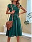 cheap Plain Dresses-Women&#039;s Midi Dress Cap Sleeve Pleated A-line Self-tie Belt Crew Neck Solid Color Elegant Green Lightweight Breathable Summer Casual Office Semi-Formal Regular Fit Clothing Apparel