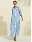 cheap Print Casual Dress-Women&#039;s Shirt Dress Print Dress Maxi Dress Blue Green Leopard prints Roll up Sleeves Sequin Summer Shirt Collar Leopard Print S M L