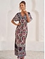 cheap Print Dresses-Women&#039;s Satin Shift Dress Ditsy Floral Print V Neck Maxi Dress Boho Vacation Short Sleeve Summer