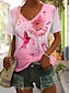 abordables T-shirts Femme-t-shirt basique fluo pour femme&amp;amp;hauts à manches courtes à imprimé abstrait lumineux, col en V, quotidien, week-end, jaune, bleu, or, bleu clair