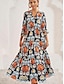 cheap Print Dresses-Women&#039;s A Line Dress Boho Floral Maxi Dress 3/4 Length Sleeve V Neck Ruffle Print Loose Fit Vacation Black Spring