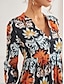 cheap Print Dresses-Women&#039;s A Line Dress Boho Floral Maxi Dress 3/4 Length Sleeve V Neck Ruffle Print Loose Fit Vacation Black Spring