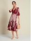 お買い得  花柄ドレス-女性用 ルーズドレス リゾートウェア ミディドレス 赤レンガ色 ハーフスリーブ Folk プリント 春夏 Ｖネック 旅行度假风 カジュアル 普段着 S M L