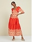 cheap Print Casual Dress-Satin Folk Print Half Sleeve V Neck Maxi Dress